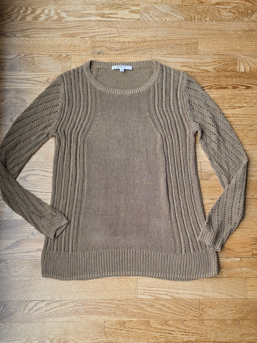 (M) cleo Taupe Crewneck Sweater Light Dainty Feminine Soft Silky Fall Crochet